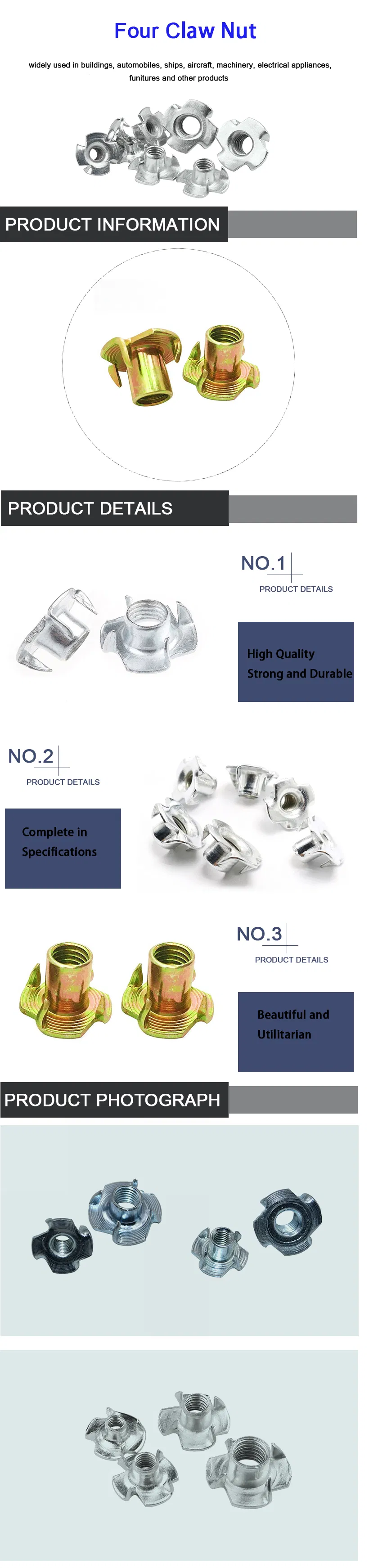 High Quality Stainless Steel Carbon Steel Yjt 8965 DIN 1624 Claw Nut T Nut Lock Nut furniture Nut