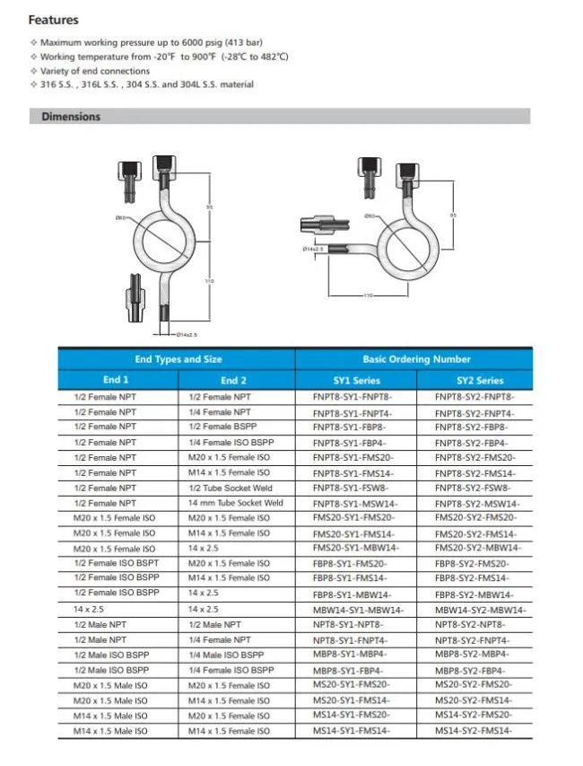 Hikelok 316 304 6000 Psi High Pressure Syphon Sy1 Sy2