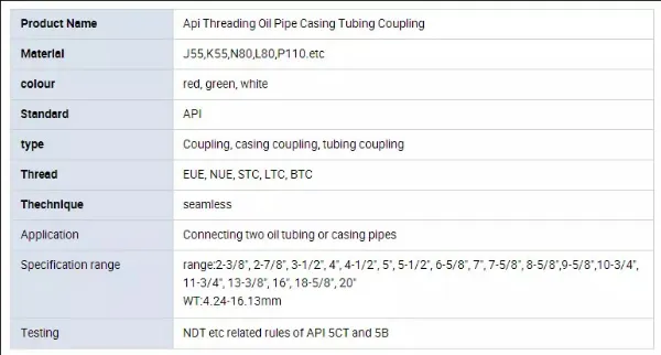 Oil Coupling Nue J55 K55 L80 N80 P110 Casing Tubing Coupling