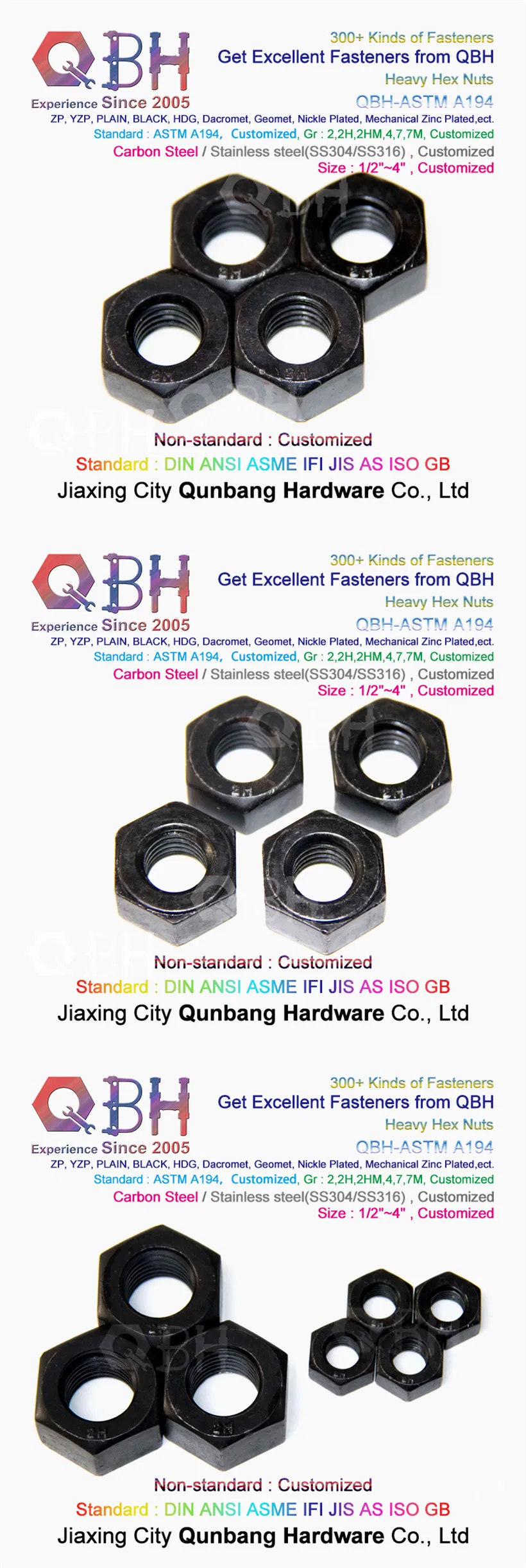 Qbh ASTM A194 HDG/Black/Zp/Heat Treatment/Dacromet Geomet/Nickle Plated /Mechanical Zinc Plated Carbon Steel/Stainless Steel Heavy Hex Nut Metal Fastenings