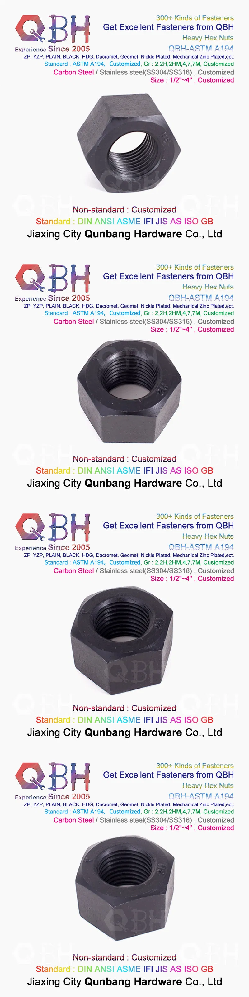 Qbh ASTM A194 HDG/Black/Zp/Heat Treatment/Dacromet Geomet/Nickle Plated /Mechanical Zinc Plated Carbon Steel/Stainless Steel Heavy Hex Nut Metal Fastenings