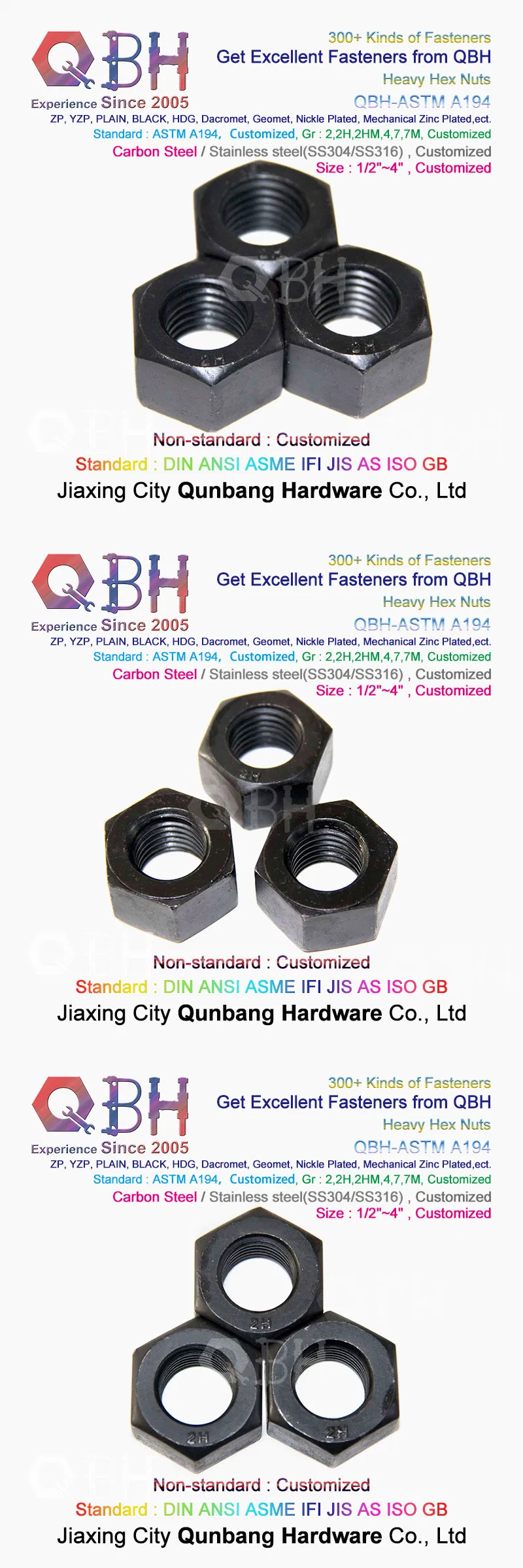 Qbh ASTM A194 HDG/Black/Zp/Heat Treatment/Dacromet Geomet/Nickle Plated /Mechanical Zinc Plated Carbon Steel/Stainless Steel Heavy Hex Nut Metal Fastenings