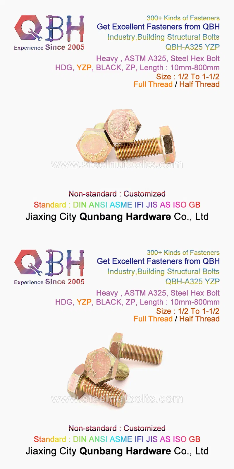 Qbh ASTM A325m A325 Zp/Yzp/HDG/Black/Heat Treatment/Plain/Zinc/Dacromet/Geomet 2h Nut Heavy Industry Construction Parts Bolt Screw with Spring/Flat F436m Washer