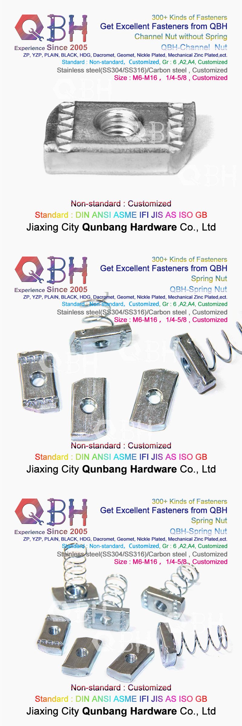 Qbh Customized Section Aluminium Profile Rail Use T-Slot Non-Standard Stainless Steel/Carbon Steel Blue White Zinc Plated Spring Channel Nut Roll-in T-Nuts