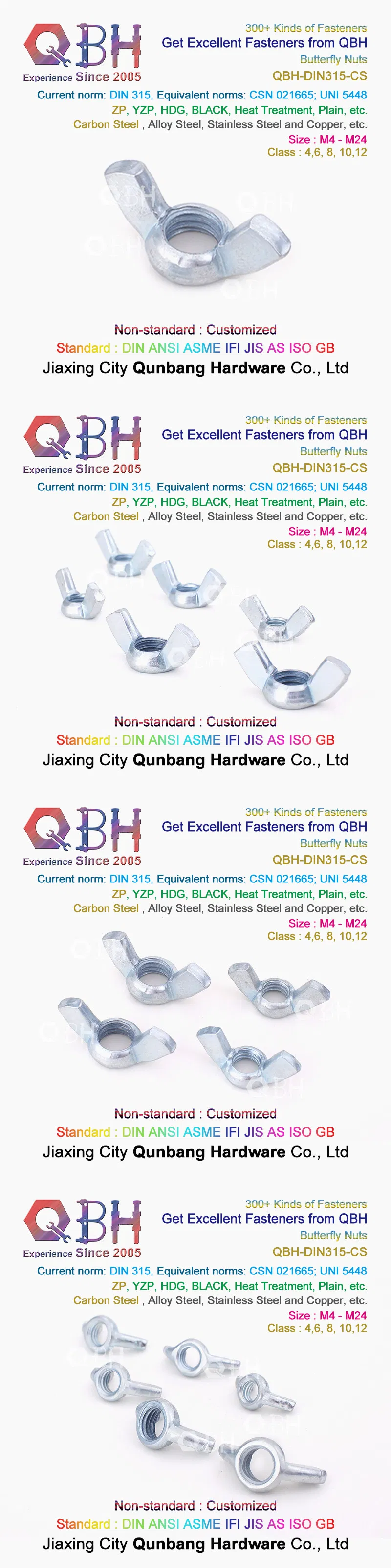 Qbh DIN315 Brass Copper Carbon Stainless Steel Square Rectangular Handle Butterfly Wing Nuts