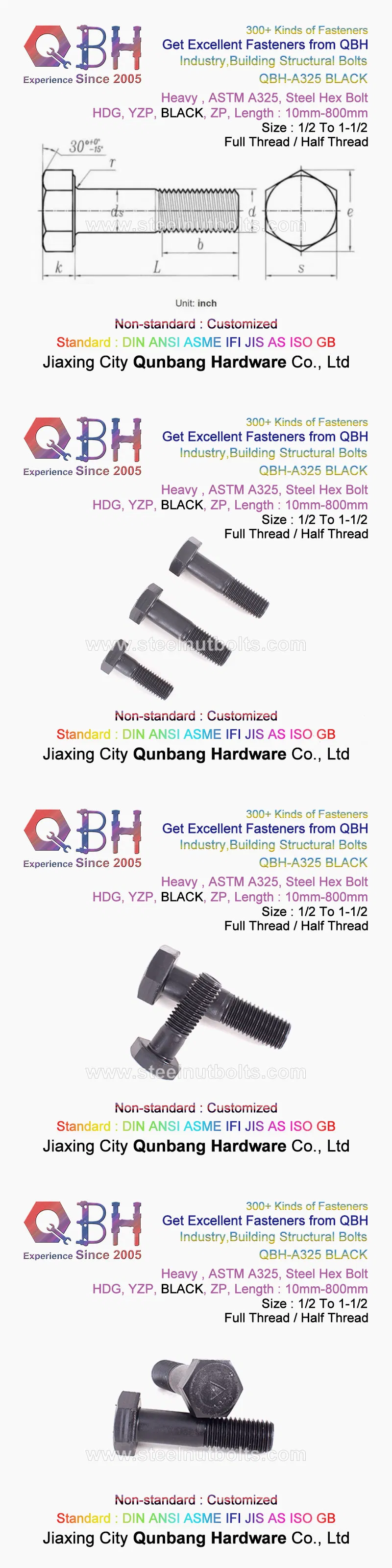 Qbh Wholesale ASTM A325 A325m M12-M36 Building Fastener Fittings Washer Gasket 8.8 / 10.9 / 12.9 Bolts and & Nuts