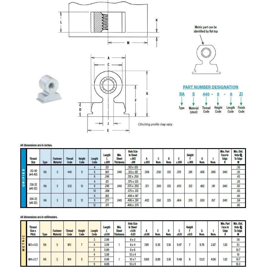Ras 632-10-8 Unified Threaded Right Angle Fastener Ras Nut for Sheet Metal PC Board