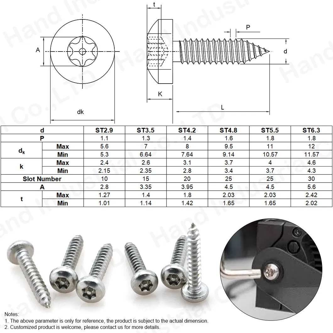 Stainless Steel 304 Pan Head St4.2 Torx Pin Self Tapping Screw Security Screw