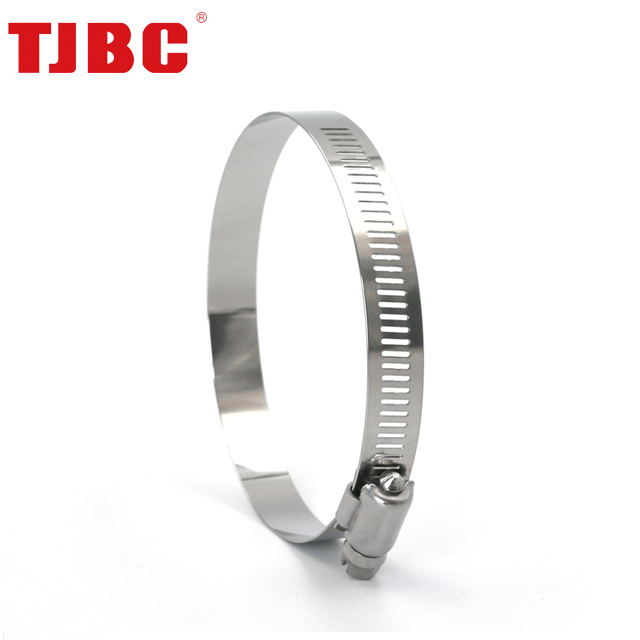 Stainless Steel Perforated and Interlock Design Heavy Duty American Type Worm Drive Hose Clamp for Automobile, Adjustable Range 14- 27mm
